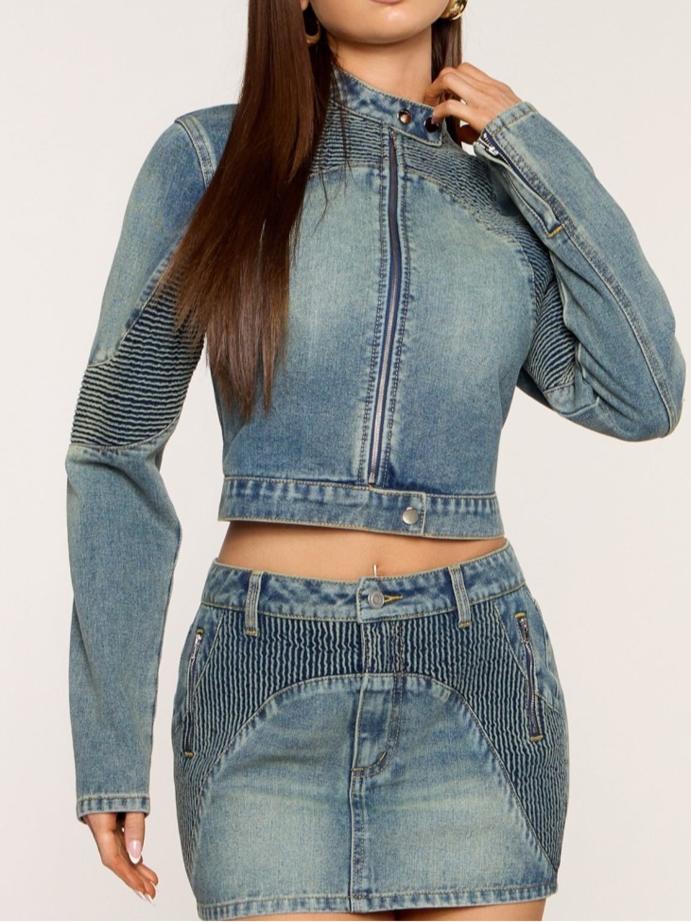 Cropped Blue Denim Moto Jacket - Women's Jeans Set Sz Small - Picture 5 of 6